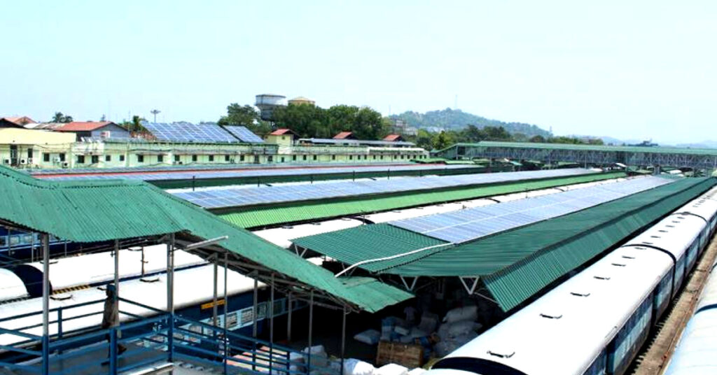 Solar panels installed at Guwahati Railway Station, India’s first 100% solar-powered railway hub.