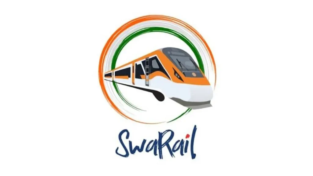 Screenshot of Indian Railways' new SwaRail app interface showing ticket booking and train tracking features.