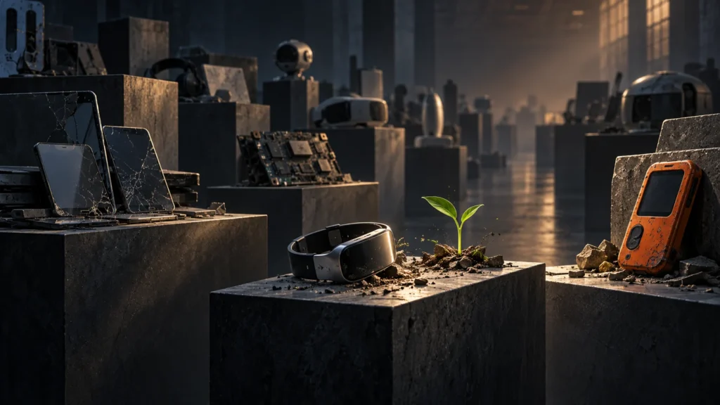 Conceptual illustration of discarded AI devices and circuit boards on display plinths, with a green sprout growing among them.